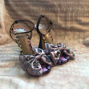 Betsey Johnson Pink and Black Heels with Bow and Gem Accents